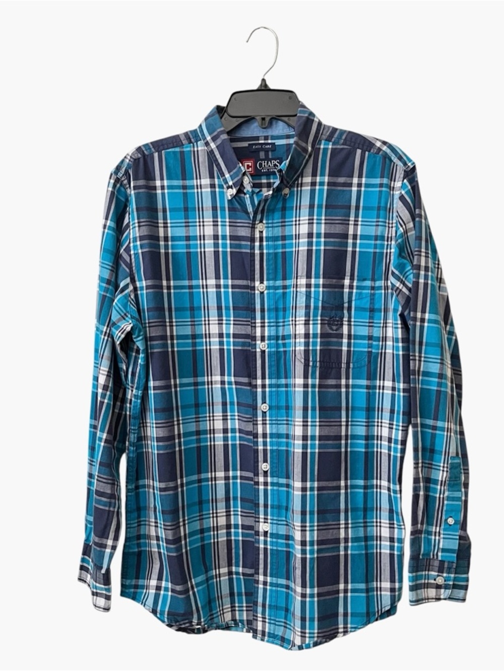 Chaps Easy Care Shirt Men's Sz M Blue Plaid Cotton Blend Logo Pocket Long Sleeve